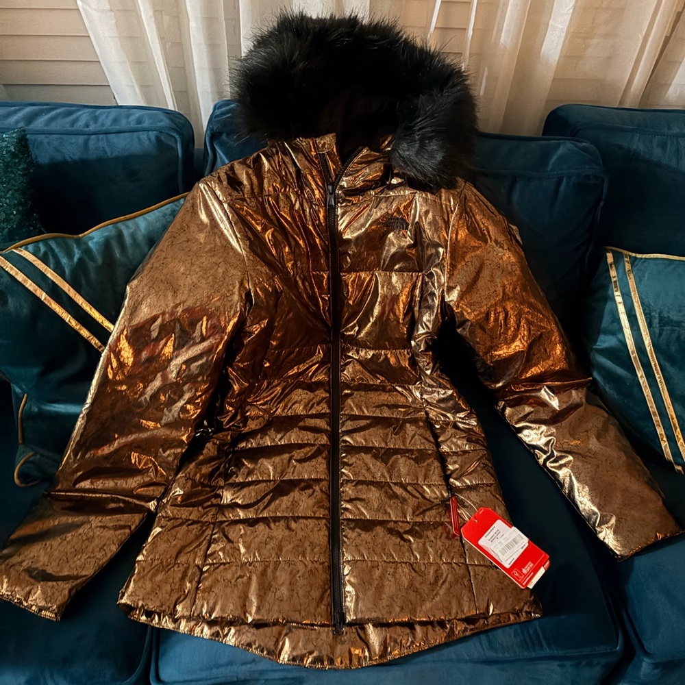The North Face Shiny Gold Puffer Jacket with Black Fur Hood